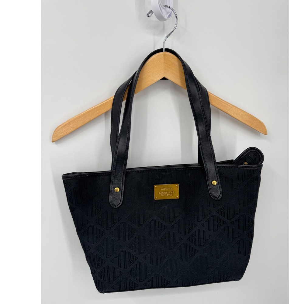 Lauren Ralph Lauren Black Monogram Canvas Leather Trim Tote Bag Y2K Vintage
